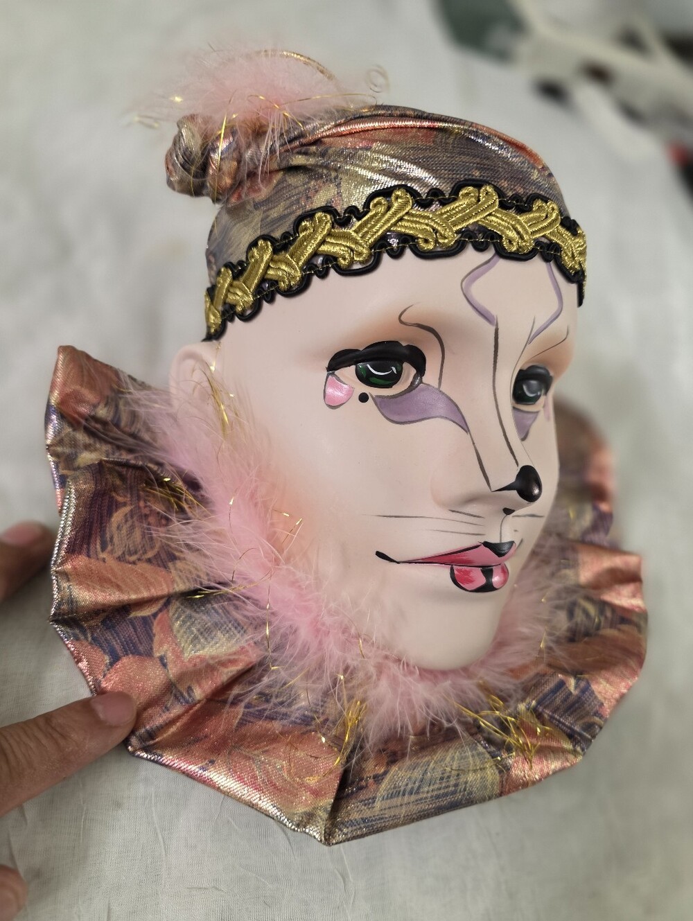Decorative Vintage 3-D full face wall Pink and Gold Clown Mask with Feather Trim